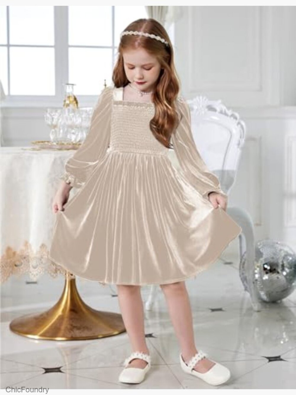 Toddler Velvet Dress Smocked Square Neck Puff Long Sleeve Party Dresses with - Picture 6 of 7